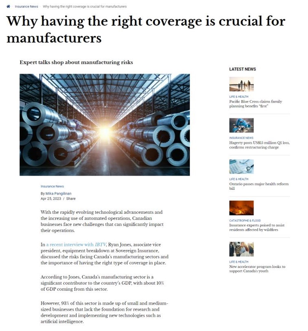 Une capture d'écran de l'article en anglais "Why having the right coverage is crucial for manufacturers"